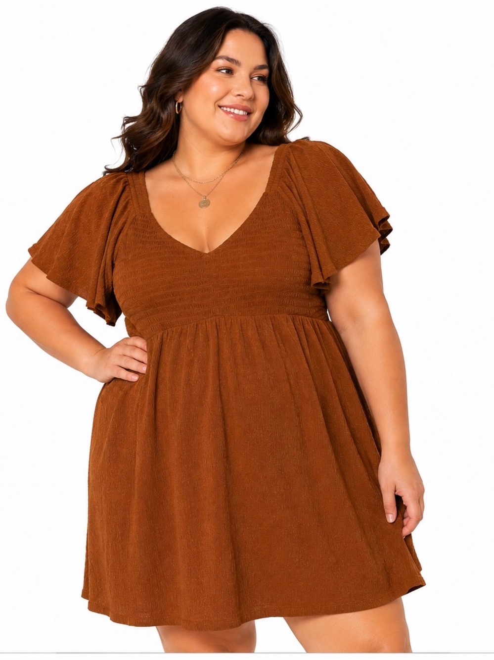 PENN Penningtons 5X Rust Brown Smocked Flutter Sleeve Dress Pockets Cottagecore